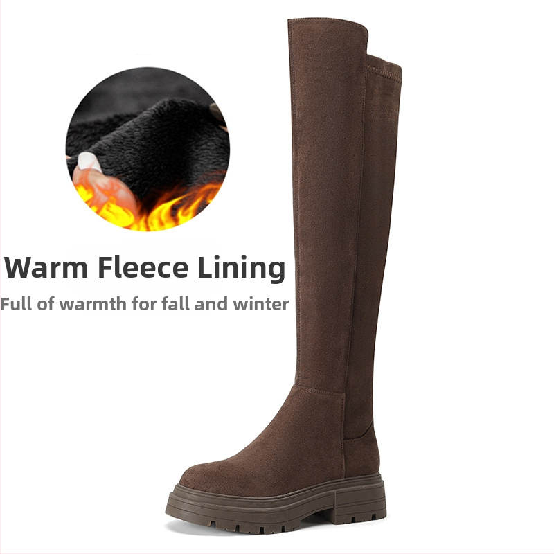 [sheli Su Yinyin] Visoke čizme za žene ~ čizme do koljena s debelim podstavom od flis tkanine, elastične tanke, za žene, duge čizme za jesen/zimu
