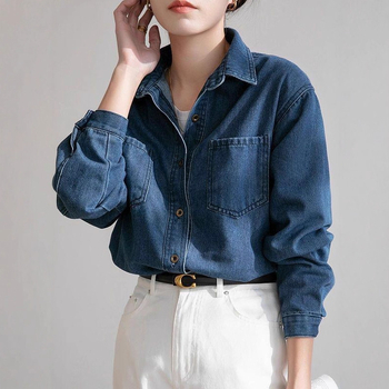 Džínsová košeľa pre ženy 2025 Jarná a jesenná džínsová bunda Niche Design Shirt Voľná džínsová bunda s dlhým rukávom