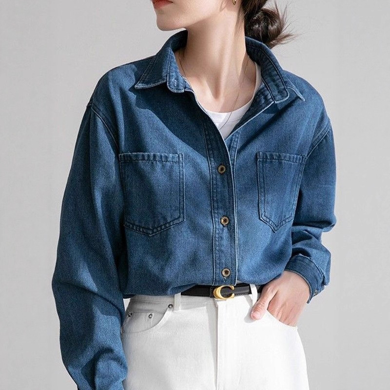 Džínsová košeľa pre ženy 2025 Jarná a jesenná džínsová bunda Niche Design Shirt Voľná džínsová bunda s dlhým rukávom