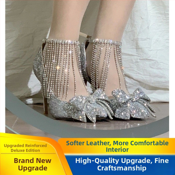 Ασημένιο Φιόγκο 18χρονων Ενηλίκων Ψηλοτάκουνα Γαμήλια Παπούτσια με Μαργαριτάρια Κύρια Νυφικά Παπούτσια Νύφης Νέο Γαλλικό Στυλ Cuiwei