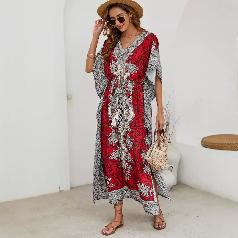 Skutočná snímka európskej a americkej nezávislej stanice ebay cezhraničná letná blúzka s netopierím rukávom v páse na plážovú dovolenku 2025