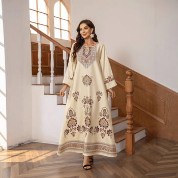 Zd027 Μουσουλμανικό Φόρεμα από τη Μέση Ανατολή, Ευρώπη και Αμερική, Διασυνοριακές Εξαγωγές, Στρογγυλή Λαιμόκοψη, Τυπωμένο με Ζεστά Διαμάντια, Ρόμπα σε Γραμμή Α με Χάντρες