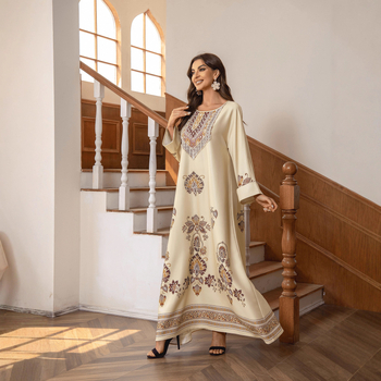 Zd027 Μουσουλμανικό Φόρεμα από τη Μέση Ανατολή, Ευρώπη και Αμερική, Διασυνοριακές Εξαγωγές, Στρογγυλή Λαιμόκοψη, Τυπωμένο με Ζεστά Διαμάντια, Ρόμπα σε Γραμμή Α με Χάντρες