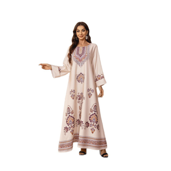 Zd027 Μουσουλμανικό Φόρεμα από τη Μέση Ανατολή, Ευρώπη και Αμερική, Διασυνοριακές Εξαγωγές, Στρογγυλή Λαιμόκοψη, Τυπωμένο με Ζεστά Διαμάντια, Ρόμπα σε Γραμμή Α με Χάντρες