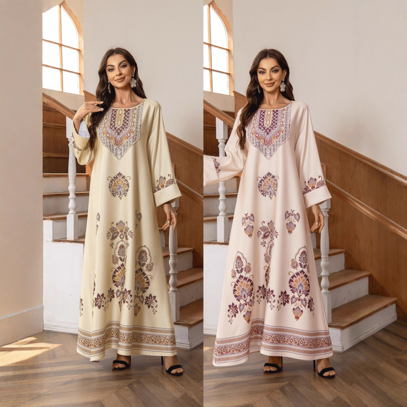 Zd027 Bliskoistočna, europska i američka prekogranična muslimanska haljina s okruglim izrezom, printom vrućih dijamanata i perlicama, široki ogrtač A-kroja