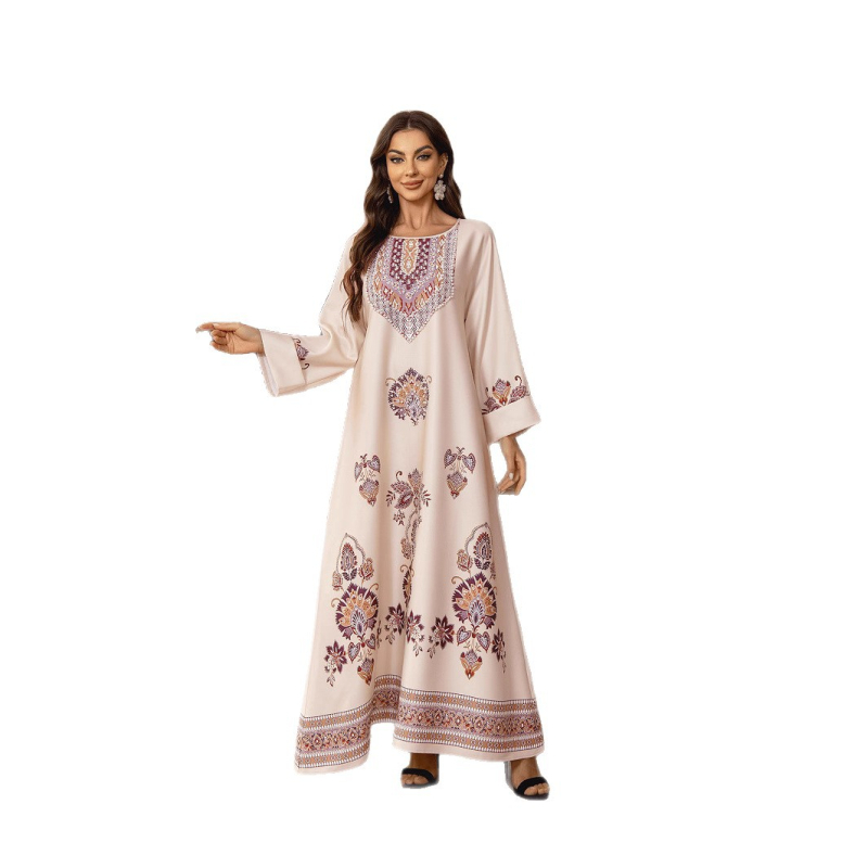 Zd027 Bliskoistočna, europska i američka prekogranična muslimanska haljina s okruglim izrezom, printom vrućih dijamanata i perlicama, široki ogrtač A-kroja