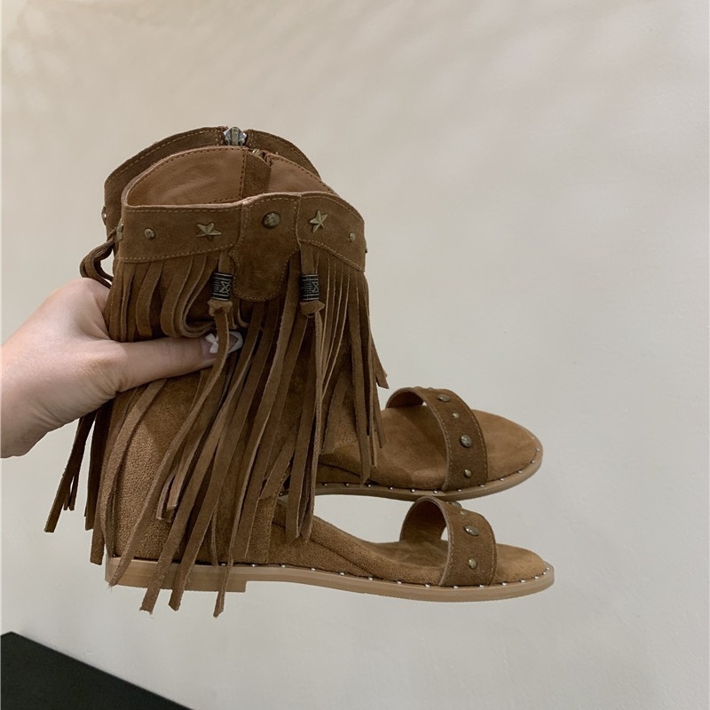 Νέα καλοκαιρινά ρωμαϊκά σανδάλια μονόγραμμης γραμμής για γυναίκες του 2025, μποέμ σανδάλια με φούντες, εσωτερικές μπότες για μικρόσωμα άτομα