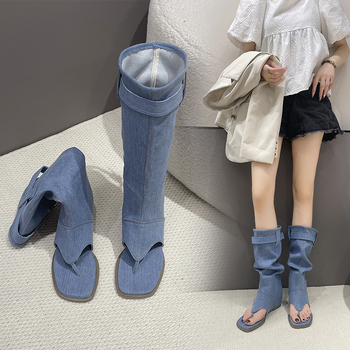 Letné čižmy, internetové slávnosti 2024, nová móda, kórejský štýl, žabky s klipovou špičkou, vysoké džínsové čižmy v západnom štýle