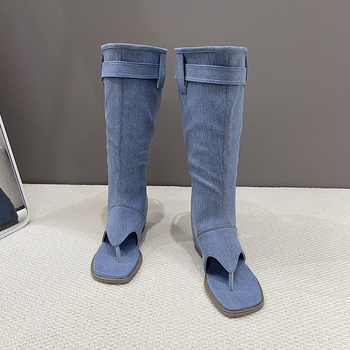 Letné čižmy, internetové slávnosti 2024, nová móda, kórejský štýl, žabky s klipovou špičkou, vysoké džínsové čižmy v západnom štýle