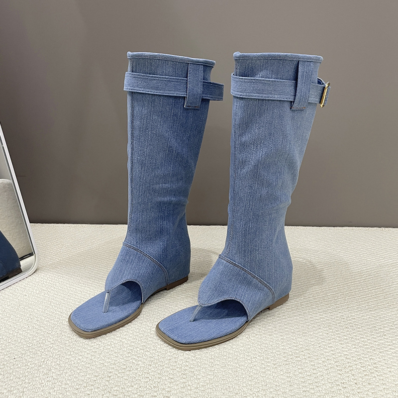 Letné čižmy, internetové slávnosti 2024, nová móda, kórejský štýl, žabky s klipovou špičkou, vysoké džínsové čižmy v západnom štýle