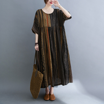 Real Shot 2023 Ljeto Nova pamučna i lanena umjetnička plus size haljina s prugastim printom, srednje duljine, kratkih rukava za žene