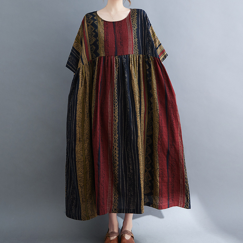 Real Shot 2023 Ljeto Nova pamučna i lanena umjetnička plus size haljina s prugastim printom, srednje duljine, kratkih rukava za žene