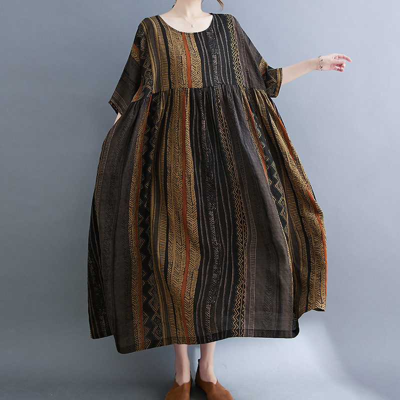 Real Shot 2023 Ljeto Nova pamučna i lanena umjetnička plus size haljina s prugastim printom, srednje duljine, kratkih rukava za žene