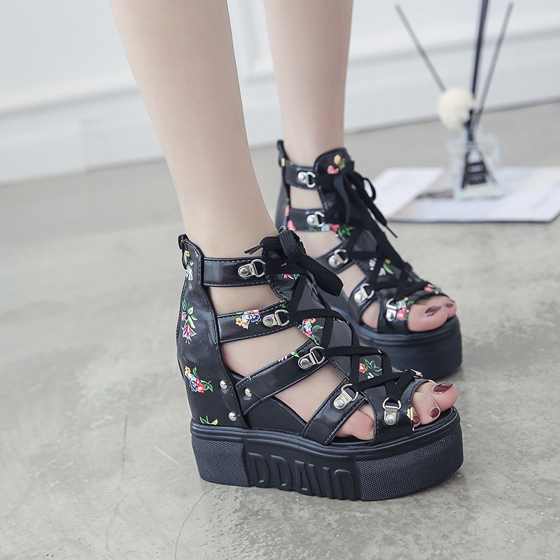 Letné nové rímske potlačené dámske topánky nepremokavé platformové sandále s hrubým spodným dielom a dutým klinovým podpätkom, dámske sandále, veľká veľkosť