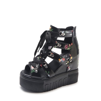 Ψηλοτάκουνα Σανδάλια Εξωτερικού Εμπορίου με Στάμπα, Γυναικεία Καλοκαιρινά Νέα Ψηλοτάκουνα Σανδάλια με Χοντρή Σόλα και Ανοιχτό Τακούνι για Φοιτητές