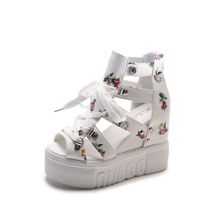 Dámske letné sandále na vysokom podpätku s potlačou zahraničného obchodu, nové sandále na vysokom podpätku s hrubou podrážkou a otvoreným podpätkom typu rybie ústa pre študentky