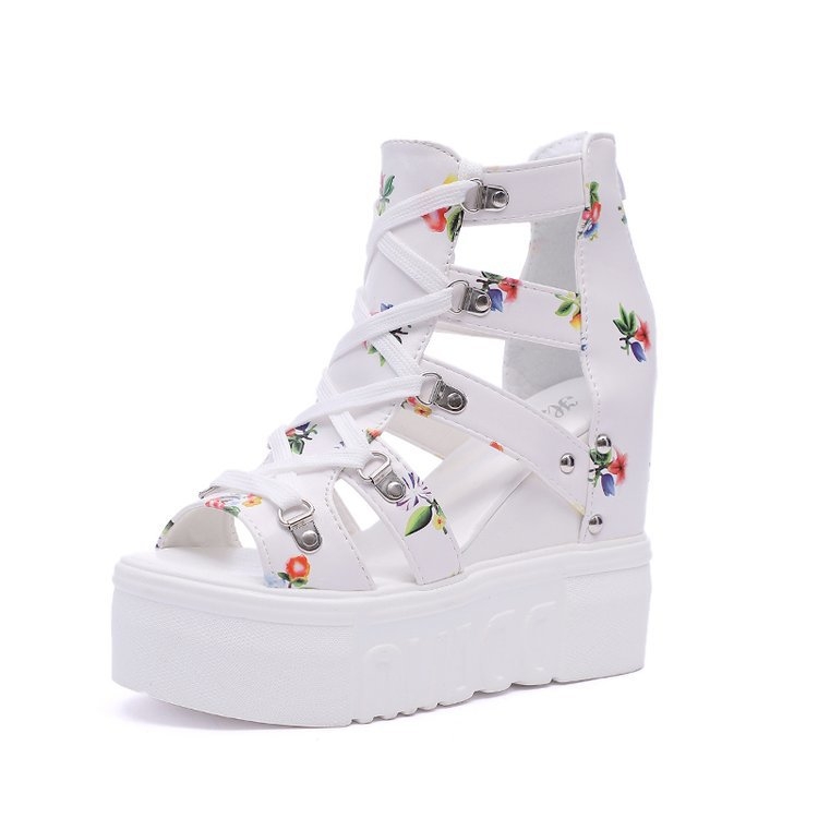 Dámske letné sandále na vysokom podpätku s potlačou zahraničného obchodu, nové sandále na vysokom podpätku s hrubou podrážkou a otvoreným podpätkom typu rybie ústa pre študentky