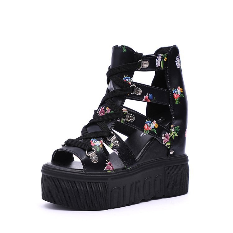 Dámske letné sandále na vysokom podpätku s potlačou zahraničného obchodu, nové sandále na vysokom podpätku s hrubou podrážkou a otvoreným podpätkom typu rybie ústa pre študentky