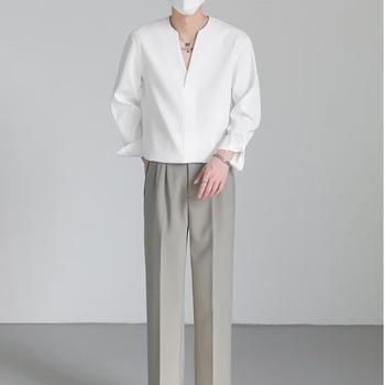 Lagani luksuzni korejski pulover s dugim rukavima, muška jesenska, moderna marka, vruća V-ovratnik, košulja bez ovratnika, bez peglanja