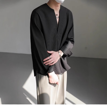 Ελαφρύ πολυτελές, υψηλής ποιότητας, κορεάτικο στυλ, χαλαρό πουλόβερ με μακριά μανίκια, ανδρικό φθινοπωρινό πουκάμισο, μοντέρνο, ζεστό, χωρίς κολάρο, πουκάμισο V χωρίς σιδέρωμα