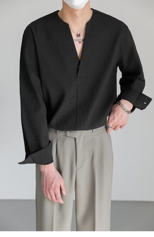 Lagani luksuzni korejski pulover s dugim rukavima, muška jesenska, moderna marka, vruća V-ovratnik, košulja bez ovratnika, bez peglanja