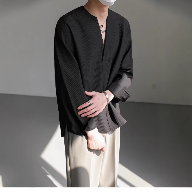 Lagani luksuzni korejski pulover s dugim rukavima, muška jesenska, moderna marka, vruća V-ovratnik, košulja bez ovratnika, bez peglanja