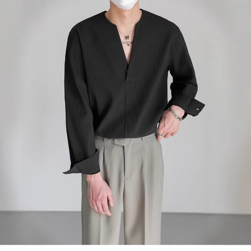 Lagani luksuzni korejski pulover s dugim rukavima, muška jesenska, moderna marka, vruća V-ovratnik, košulja bez ovratnika, bez peglanja