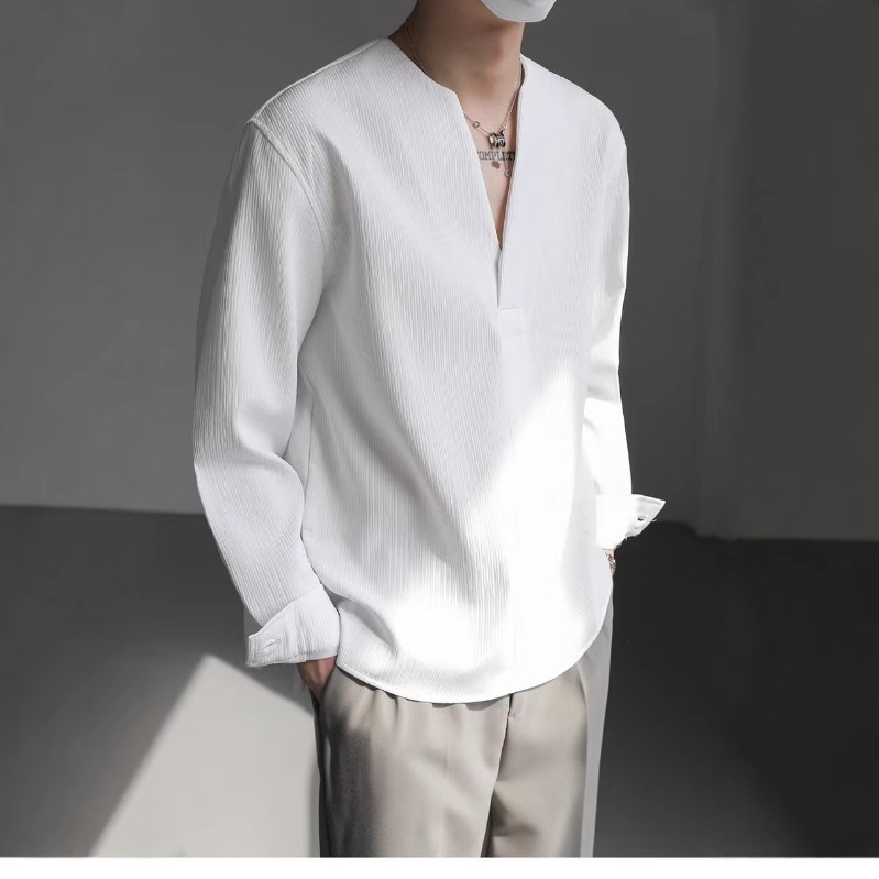 Lagani luksuzni korejski pulover s dugim rukavima, muška jesenska, moderna marka, vruća V-ovratnik, košulja bez ovratnika, bez peglanja