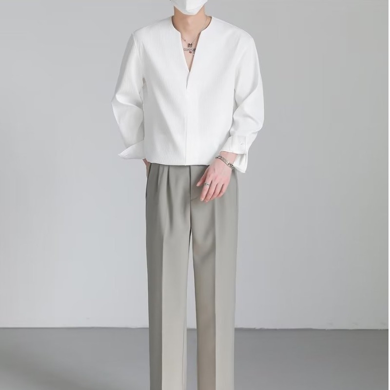 Lagani luksuzni korejski pulover s dugim rukavima, muška jesenska, moderna marka, vruća V-ovratnik, košulja bez ovratnika, bez peglanja