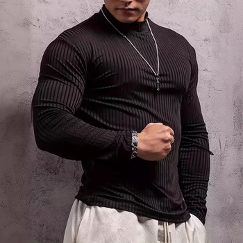 Ειδική προσφορά για το φθινόπωρο του 2024, νέο ανδρικό μπλουζάκι με μακριά μανίκια και κάθετο γιακά, λεπτό μπλουζάκι προπόνησης