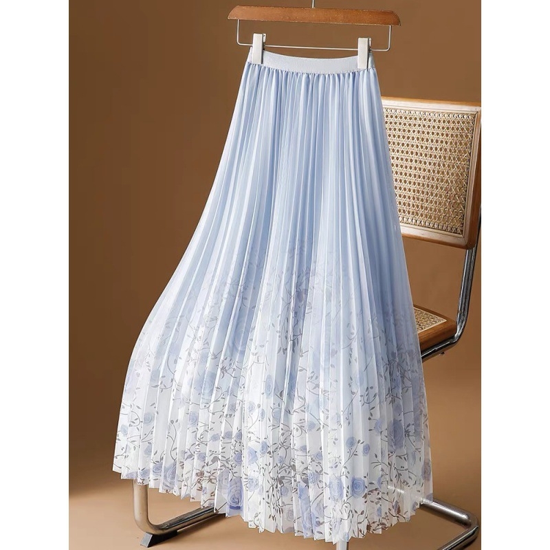 Mrežasta suknja s printom za žene proljeće i ljeto 2025. Nova cvjetna gaza suknja srednje duljine, drapirana plisirana suknja A-kroja