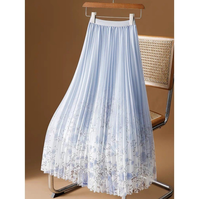 Mrežasta suknja s printom za žene proljeće i ljeto 2025. Nova cvjetna gaza suknja srednje duljine, drapirana plisirana suknja A-kroja
