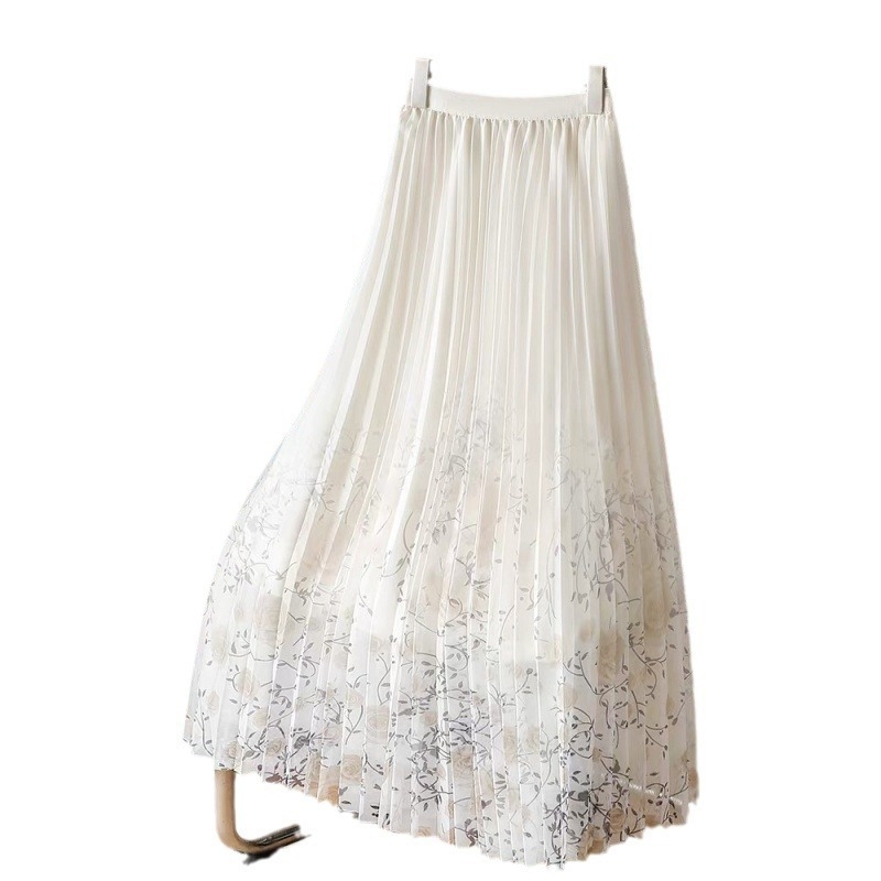 Mrežasta suknja s printom za žene proljeće i ljeto 2025. Nova cvjetna gaza suknja srednje duljine, drapirana plisirana suknja A-kroja