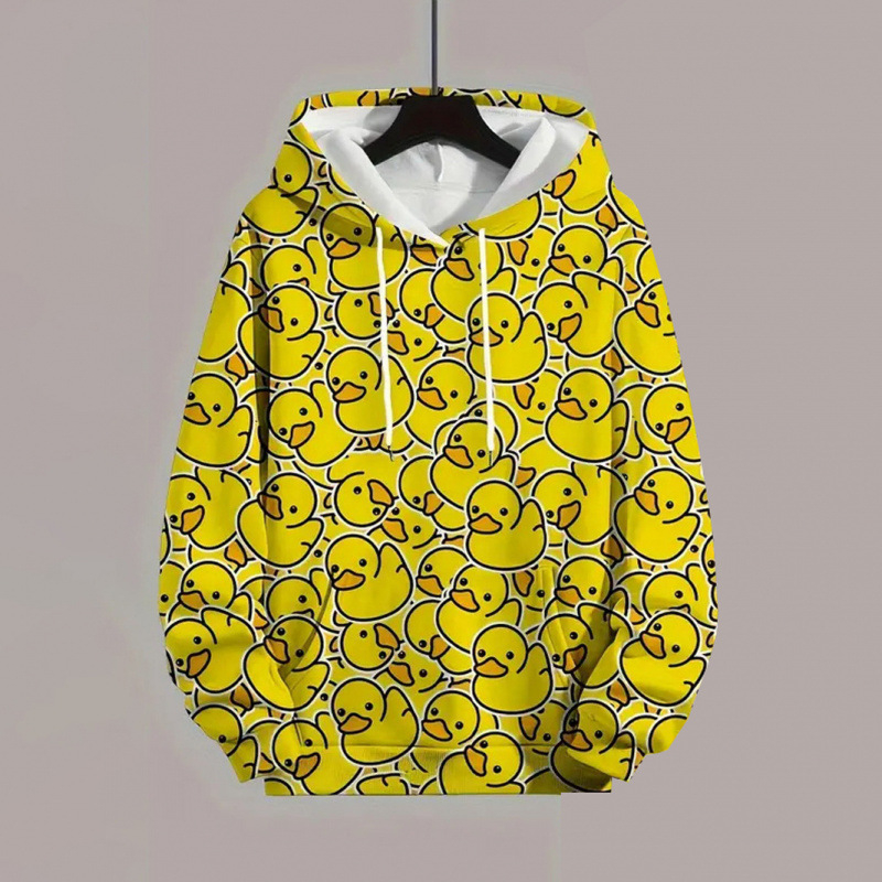 Temu cezhraničný horúci jarný a jesenný nový 3D digitálny žltý kačičí potlač pánsky módny ležérny sveter s kapucňou
