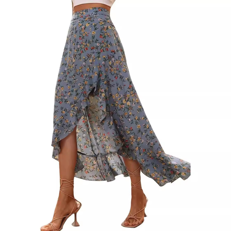 Spot European and American Amazon Cross-Border E-Commerce 2024 Jarná nová potlačená volánová sexi sukňa s bočným rozparkom