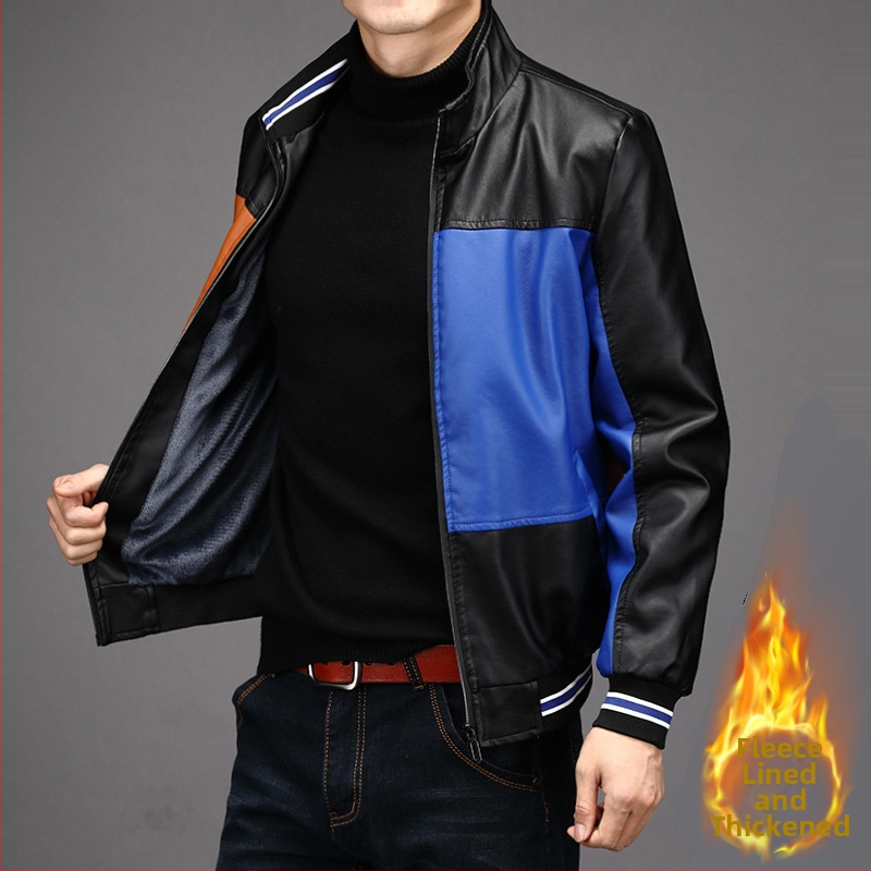 2024. aasta uued meeste nahkrõivad sügis-talvel, äri- ja vabaajarõivad, PU-nahast kraega, kontrastse värvi moodne nahktagi, meeste fliisvoodriga, soe