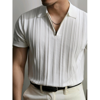 Muška ljetna pletena polo majica kratkih rukava s patentnim zatvaračem, američki stil, retro, široka majica kratkih rukava s okomitim prugama i reverom za putovanje na posao