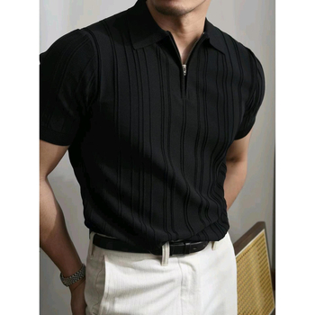 Ανδρικό Πόλο Μπλούζα με Πλεκτό Φερμουάρ και Κοντά Μανίκια, Καλοκαιρινό, Αμερικάνικο Στυλ, Ρετρό, Μετακίνηση, Ριχτό, Κάθετο Ρίγα, Ανδρικό T-Shirt