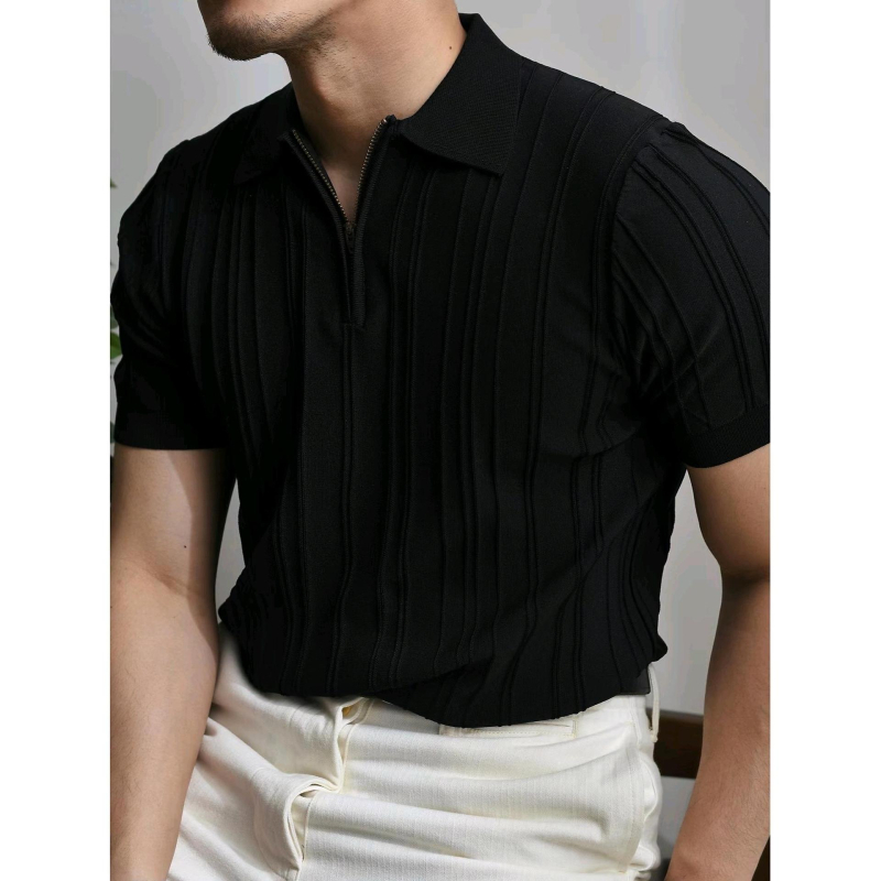 Muška ljetna pletena polo majica kratkih rukava s patentnim zatvaračem, američki stil, retro, široka majica kratkih rukava s okomitim prugama i reverom za putovanje na posao