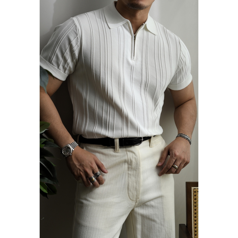 Muška ljetna pletena polo majica kratkih rukava s patentnim zatvaračem, američki stil, retro, široka majica kratkih rukava s okomitim prugama i reverom za putovanje na posao
