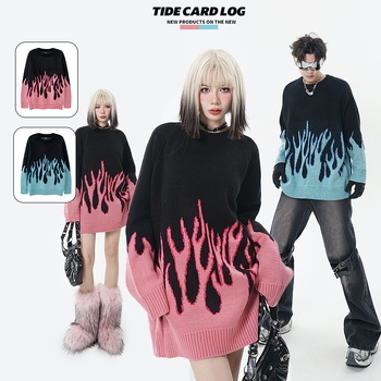 TIDE CARD LOG | Flame jacquard Hong Kong štýl módnej značky retro voľný lenivý štýl sveter s okrúhlym výstrihom pre páry