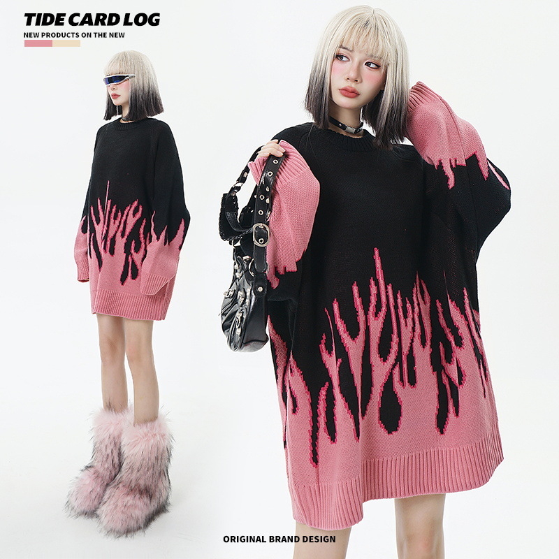 TIDE CARD LOG | Flame jacquard Hong Kong štýl módnej značky retro voľný lenivý štýl sveter s okrúhlym výstrihom pre páry