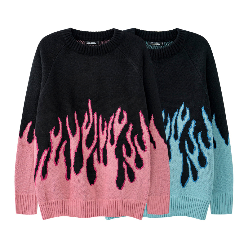 TIDE CARD LOG | Flame jacquard Hong Kong štýl módnej značky retro voľný lenivý štýl sveter s okrúhlym výstrihom pre páry