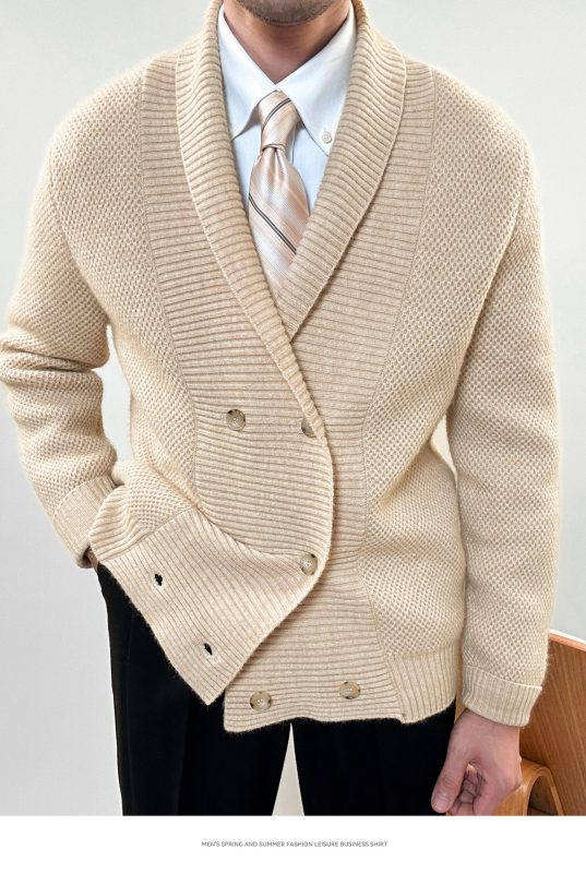 Pánsky pletený sveter s golierom a dvojitým zapínaním, ťažký, obchodný, teplý, na jeseň a zimu