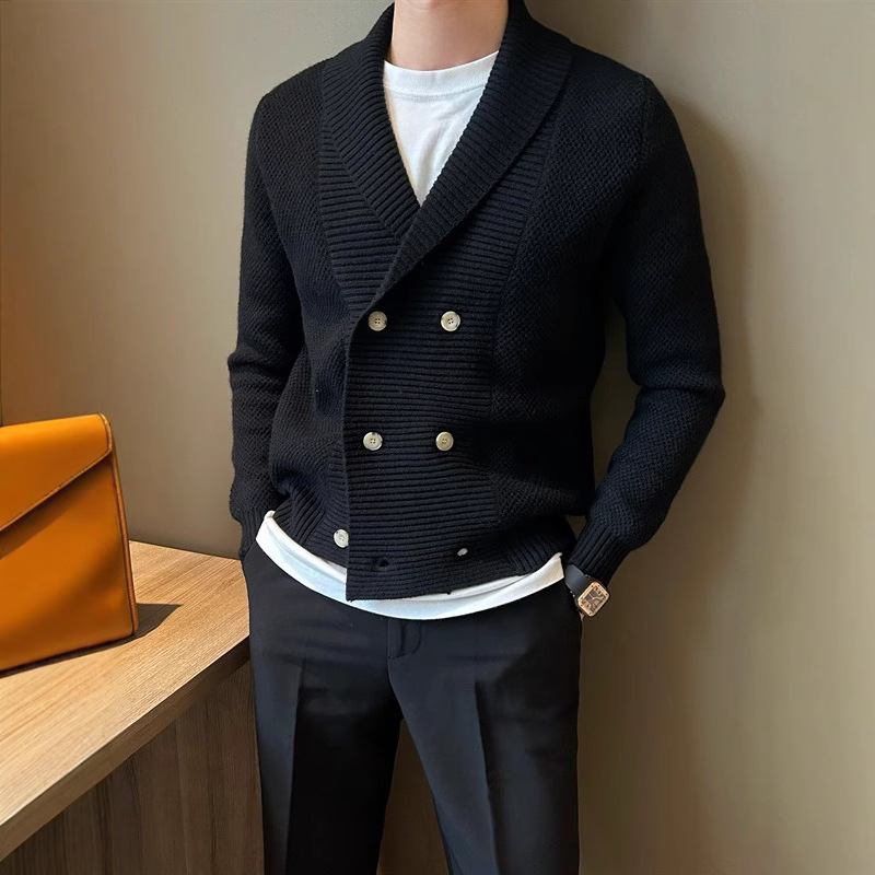 Pánsky pletený sveter s golierom a dvojitým zapínaním, ťažký, obchodný, teplý, na jeseň a zimu