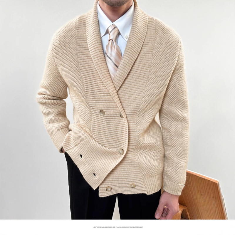 Pánsky pletený sveter s golierom a dvojitým zapínaním, ťažký, obchodný, teplý, na jeseň a zimu