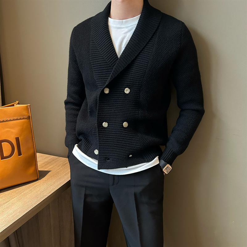 Pánsky pletený sveter s golierom a dvojitým zapínaním, ťažký, obchodný, teplý, na jeseň a zimu