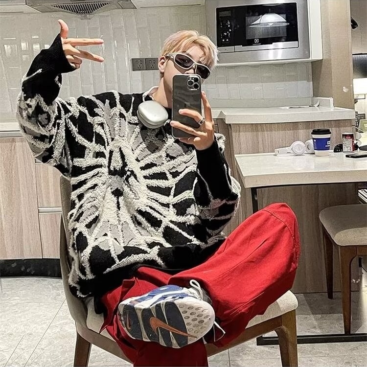 Pánsky sveter na jeseň a zimu, nový americký, volánikový, pekný, pavúčí, žakárový, lenivý štýl, voľný sveter s kapucňou