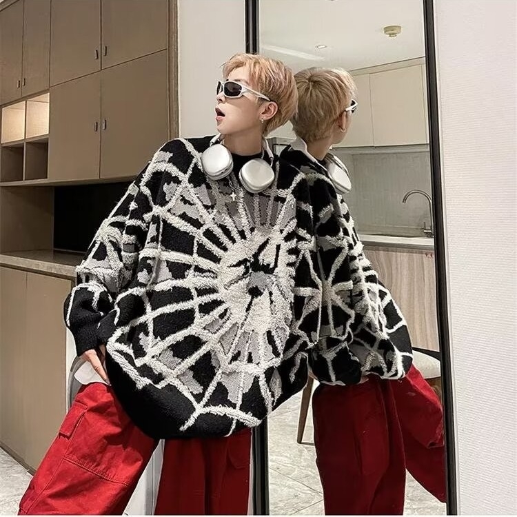 Pánsky sveter na jeseň a zimu, nový americký, volánikový, pekný, pavúčí, žakárový, lenivý štýl, voľný sveter s kapucňou