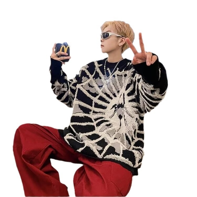 Pánsky sveter na jeseň a zimu, nový americký, volánikový, pekný, pavúčí, žakárový, lenivý štýl, voľný sveter s kapucňou